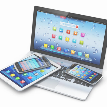 Laptop and smartphones displaying apps